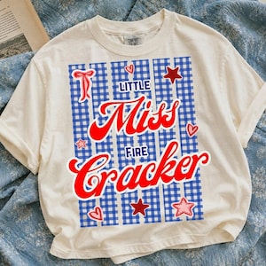 Little Miss Firecracker PNG, Retro Coquette 4th of July Sublimation,  Patriotic American Girl Kid Toddler Shirt Design