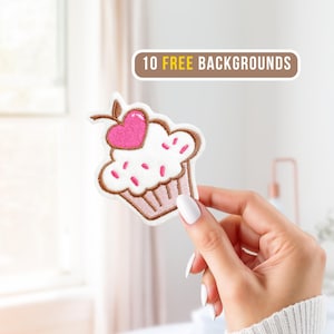 May include: Embroidered cupcake patch with a pink heart on top, white frosting, and pink sprinkles. The patch has a brown outline and a light pink cupcake liner. Text on the image reads "10 FREE BACKGROUNDS".