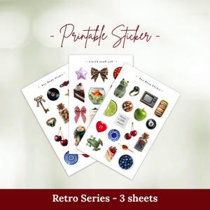 May include: Three sheets of printable stickers with a retro theme. Each sheet features various small illustrations, including a star, bow, cake, fishbowl, cat, ring, TV, and more. The text "- Printable Sticker -" is at the top, and "Retro Series - 3 sheets" is at the bottom.