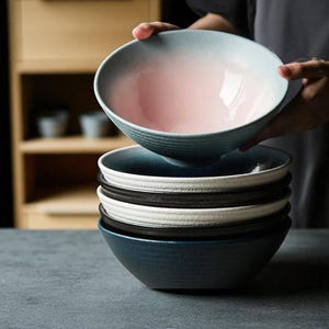 Handmade Japanese Style Ceramic Noodle Bowls | Vibrant Ramen & Soup Dinnerware | Colorful Pottery Gift for Christmas and Food Lovers