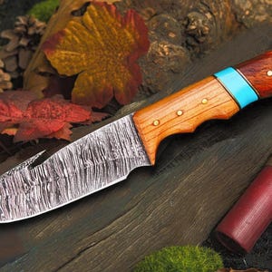 Hand-Forged Damascus Hunting Knife with Leather Sheath | Full-Tang Outdoor Blade, Camping & Survival Tool , Tactical Survival — Gift for Him