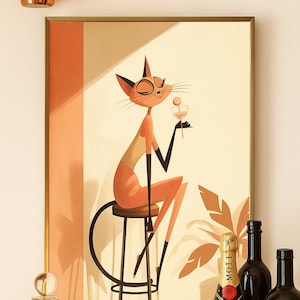 Mid-Century Modern Cat Art: Framed Wall Decor, Ready to Hang