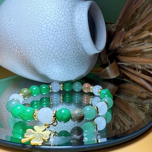 Prosperity Bracelet Green Aventurine Healing Chrysocolla, Moonstone Four Leaf Clover, 8mm Beaded Bracelet.