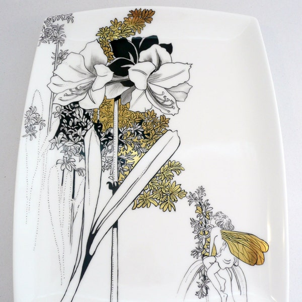 hand painted plate, bone china plate, black plate, lillies, fairies, oblong plate