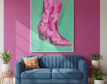 Cowgirl Boots Poster Retro Pink Red Cowboy Schuhe Druck Western Pop Art Print Bold Fashion Illustration Modern Home Decor Geschenkidee