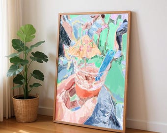 Tropische cocktailposter met bloemenprint Wandkunst roze oranje muntgroen drank illustratie Küche Bar Wanddecoratie Geschenkidee