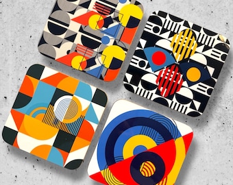 Bauhaus Coaster Set: Modern Geometric Hardwood Drinks Coasters, Set of 4