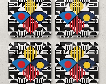 Bauhaus Coaster Set: Geometric Hardwood Drinks Coasters, Set of 4