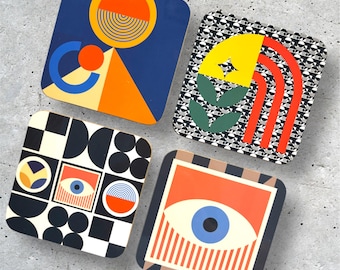 Bauhaus Coaster Set: Modern Geometric Hardwood Drinks Coasters