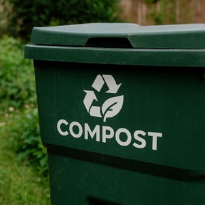 Könnte beinhalten: Eine dunkelgrüne Komposttonne mit einem weißen Recycling-Symbol und dem Wort "COMPOST" auf der Vorderseite. Die Tonne hat einen Deckel und befindet sich im Freien mit grünem Laub im Hintergrund.