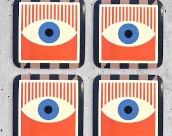Bauhaus Eye Coaster Set: Modern Geometric Hardwood Drinks Coasters
