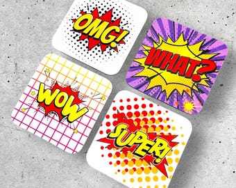 Retro Comic Strip Set: Pop Art Inspired Drink Coasters