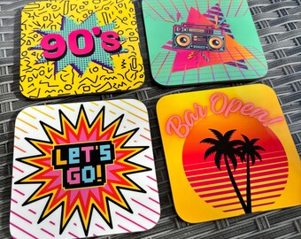 90s Style Coaster Set – Colourful Retro Drinks Coasters (Set of 4) – Hardboard Barware Gift