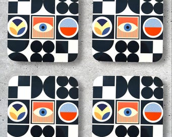 Bauhaus Coaster Set: Geometric Abstract Art, Modern Hardwood, Set of 4