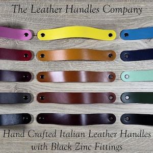 Drawer Handles - Handcrafted Italian Leather Handle: Cabinet, Cupboard and Door Handle with Black Zinc Fittings.