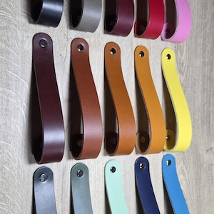 May include: A selection of leather drawer pulls in a range of colours: black, grey, burgundy, red, pink, brown, orange, yellow, green, navy, and blue. Each pull is fixed with a silver rivet.