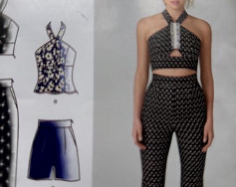 Simplicity 1371 Cynthia Rowley designer multi Size 4-12  Misses' orig pattern Halter Top pants Shorts Tops complete stylish crop Halter top