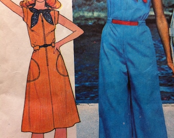 Vintage 70s Pattern McCalls 5094 Dress JUMPSUIT Scarf Size 5 JUNIOR Jumpsuit Pattern Bell Bottom FLARES pocket Bust 30 orig pattern