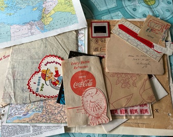 Ephemera Lot of Vintage Antique Paper Scrapbooking Mixed Media Junk Journal maps music sheets valentine post card red ephemera card letter