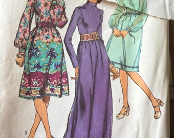 1971 Vintage Pattern Simplicity 9447 Size 10 Misses' Dress pattern long or regular length BOHO 70 style pattern