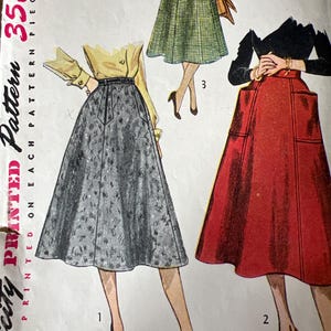 May include: Vintage Simplicity pattern featuring illustrations of three different skirt designs. The pattern includes measurements for a waist of 24 inches and a hip of 33 inches. The price is 35 cents.