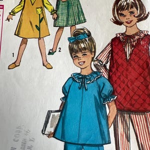 May include: Vintage sewing pattern for girls' clothing. The pattern includes three different outfits: a yellow dress with a flower design, a green gingham dress, and a red and white striped outfit with a red vest. The pattern is from the Hudson Co. and is for sizes 3-6.