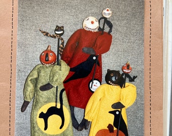 Little Stitches primitive Halloween 19 in dolls pumpkin cat ghost folk art pattern n instructions cute Halloween Dolls home decor