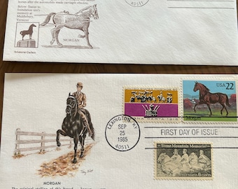 2 First Day Covers Postage Stamp Covers 2 FDC  Sept American HORSE Morgan horse 1985 envelopes stamped not addressed