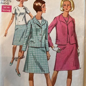 May include: Vintage Simplicity sewing pattern featuring three women modeling different skirt suits. The pattern includes a half-size option, size 20 1/2, and a bust size of 43 inches. The text "NEW Sizing" is also visible.