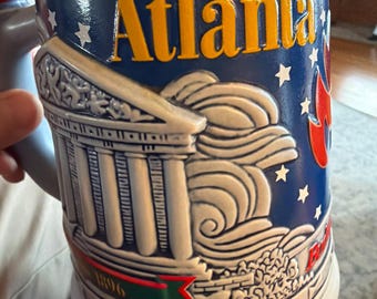 Budweiser Beer Stein 1996 Atlanta Olympics Torch Handle Anheuser-Busch Ceramarte of Brazil heavy ceramic pottery Beer Stein grey Red Blue