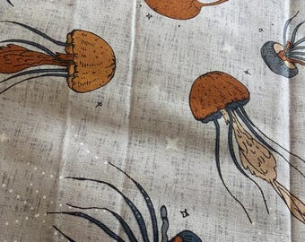 Bernadett Urbanovics Calm Waters Jellyfish fabric Blue Grey Fabric FIGO Lovely Graphic Design 1 yard Sale Fabric orange slate blue jellyfish