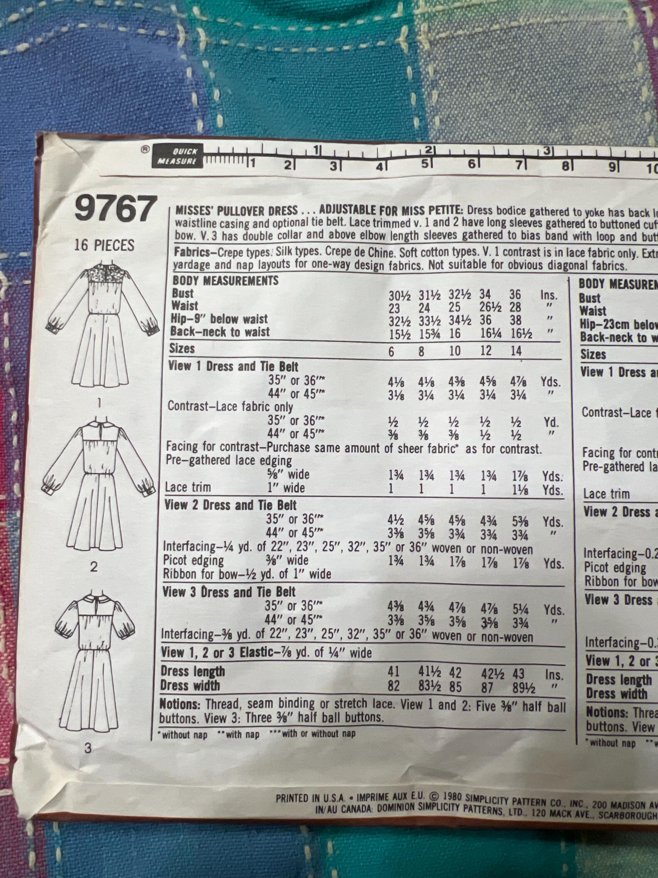 1980 Vintage Pullover Dress Lace Gathered Pattern Simplicity 9767 Size ...