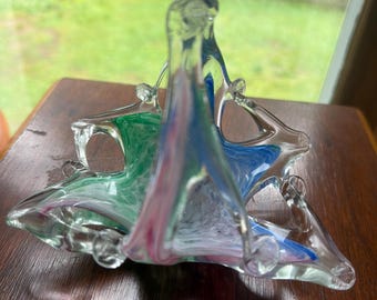 Murano or Murano inspired stretch glass basket pink blue and green Swirl glass vintage