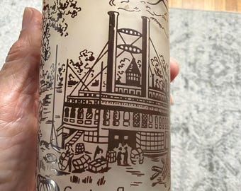Vintage Currier and Ives frosted glass Steamboat design Beautiful frosted glass SALE