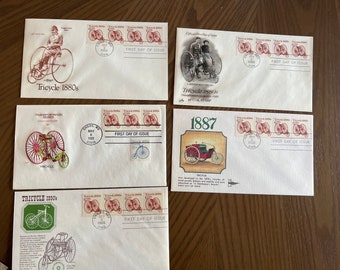 Five 5 First Day Covers Postage Stamp Covers May 1985  5 FDC envelopes stamped not addressed Childs Md Tricycle Tricycle 1887 1890 1880s