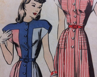 Sale 40s Hollywood Pattern No. 1801 Size 12 Bust 30 Hip 33 Beautiful Trendy Dress Flare Skirt Deep Hip Yoke Panel Lines Antique Pattern