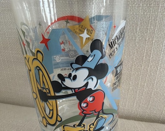 McDonalds Disney Glass Beverage clear glass with colorful Mickey Mouse Steamboat Dopey Pluto Donald Snow White Dwarfs Sorcerer 100 yr 1996