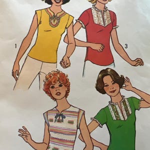 May include: A vintage sewing pattern featuring four different styles of tops with a V-neck and short sleeves. The tops are shown in yellow, red, striped, and green.