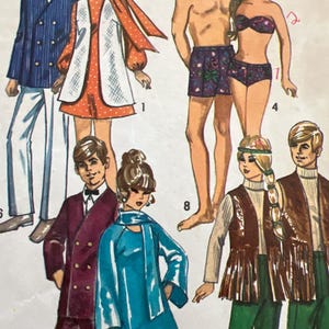 May include: A vintage sewing pattern featuring six different outfits for dolls. The outfits include a blue blazer, a white vest with a red scarf, a red dress, a blue swimsuit top, a floral print swimsuit bottom, a brown vest with fringe, a blue jumpsuit, and a burgundy blazer with a black bow tie.