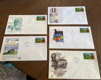 Five 5 First Day Covers Postage Stamp Covers May 1985 5 FDC envelopes stamped not addressed Rural Electrification Admin 50th anniversary SD