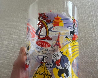 McDonalds Disney Glass Beverage clear glass with colorful Mickey Mouse Beauty & Beast Belle Buzz Lightyear Aladdin Pixar Epcot 100 yr 1996