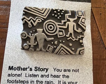 Alice Warder Seely Urban Fetshes Petroglyph Mothers Story 1 1/2 inch pewter broach vintage 1997