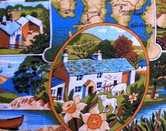 The Beauty of the Lakes 1981 Cotton Linen Bright Blue Color Made in Britain Lakes villages seaside Beautiful Gold, Browns Blue ALL COTTON