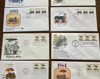 First Day Covers Postage Stamp Covers April 1985 Oil Center NM Push cart oil wagon 1880s Push cart 8 FDC envelopes stamped not addressed