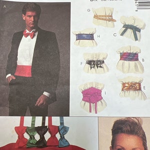 May include: A sewing pattern for a tuxedo and a variety of sashes. The pattern includes instructions for making a tuxedo jacket, pants, and bow tie. The sashes are available in a variety of colors and patterns. The pattern is from McCall's Crafts.