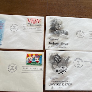 May include: Four First Day of Issue envelopes. One commemorates the VFW 75th Anniversary, another honors Robert Frost, and a third promotes the U.S. Postal Service Zip Code System. The fourth envelope is for the environment.