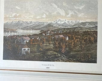 Thalweil 1850 Print Framed Matted Autumn Scene Mountaiks coastal scene  Your Choice Thalwyl 1875 or Thalweil 1850 Frame Switzerland