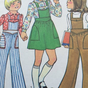 May include: Illustration of three children wearing vintage outfits. The child on the left wears a red floral top and blue striped overalls. The center child wears a floral blouse under a green jumper dress. The child on the right wears a brown overall.