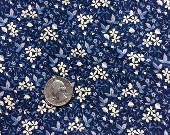 Navy Blue Cream Floral Print Cotton Fabric Small Floral Print Fabric 45 inches wide Over 1 yard in one piece