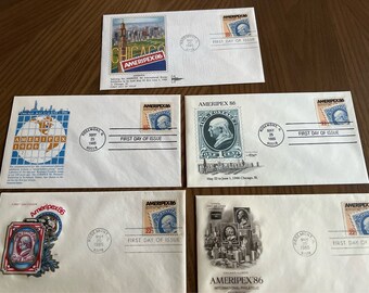 Five 5 First Day Covers Postage Stamp Covers May 1985  5 FDC envelopes stamped not addressed 86 Ameripex Philatelic Exhibition Chicago stamp